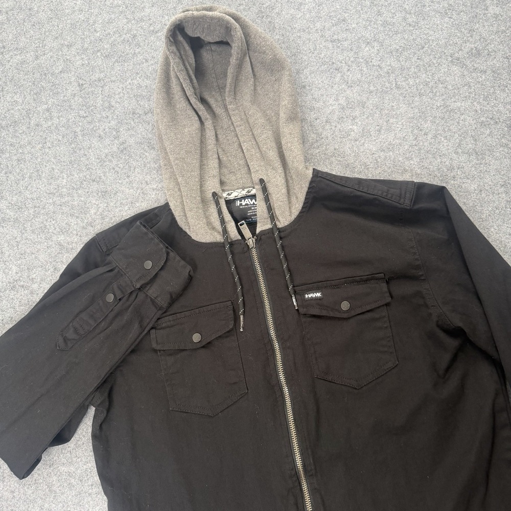 Tony Hawk Hooded Shirt Jacket Mens Medium Black Zip Up For Skate Skateboarding
